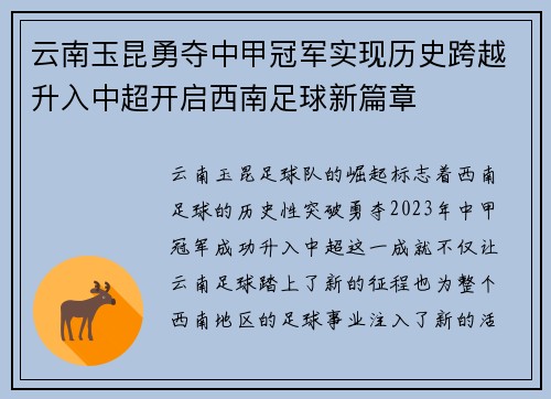 云南玉昆勇夺中甲冠军实现历史跨越升入中超开启西南足球新篇章