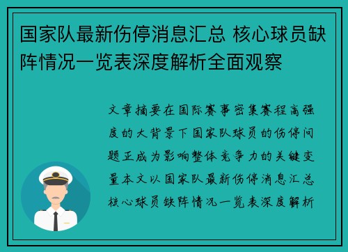 国家队最新伤停消息汇总 核心球员缺阵情况一览表深度解析全面观察